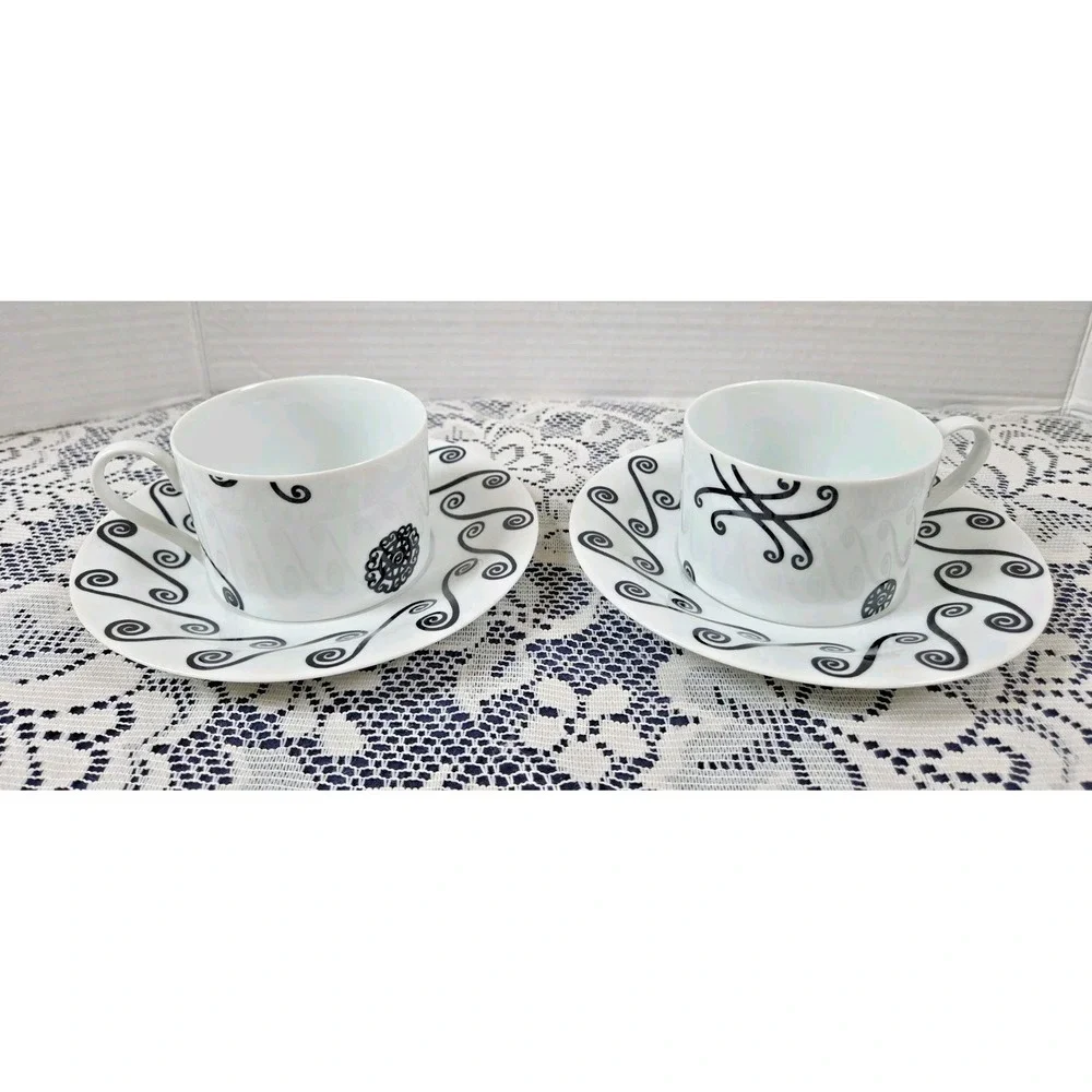 2 Pottery Barn FEZ Cups & Saucers Black & White Swirls/Medallion Japan Made Vtg